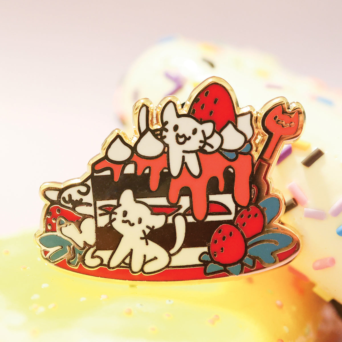 Strawberry shortcake cute cat dessert cake enamel pin by MILQ