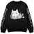 Black sweater with a cute cat laying in plants and plants down the sleeves in white. 