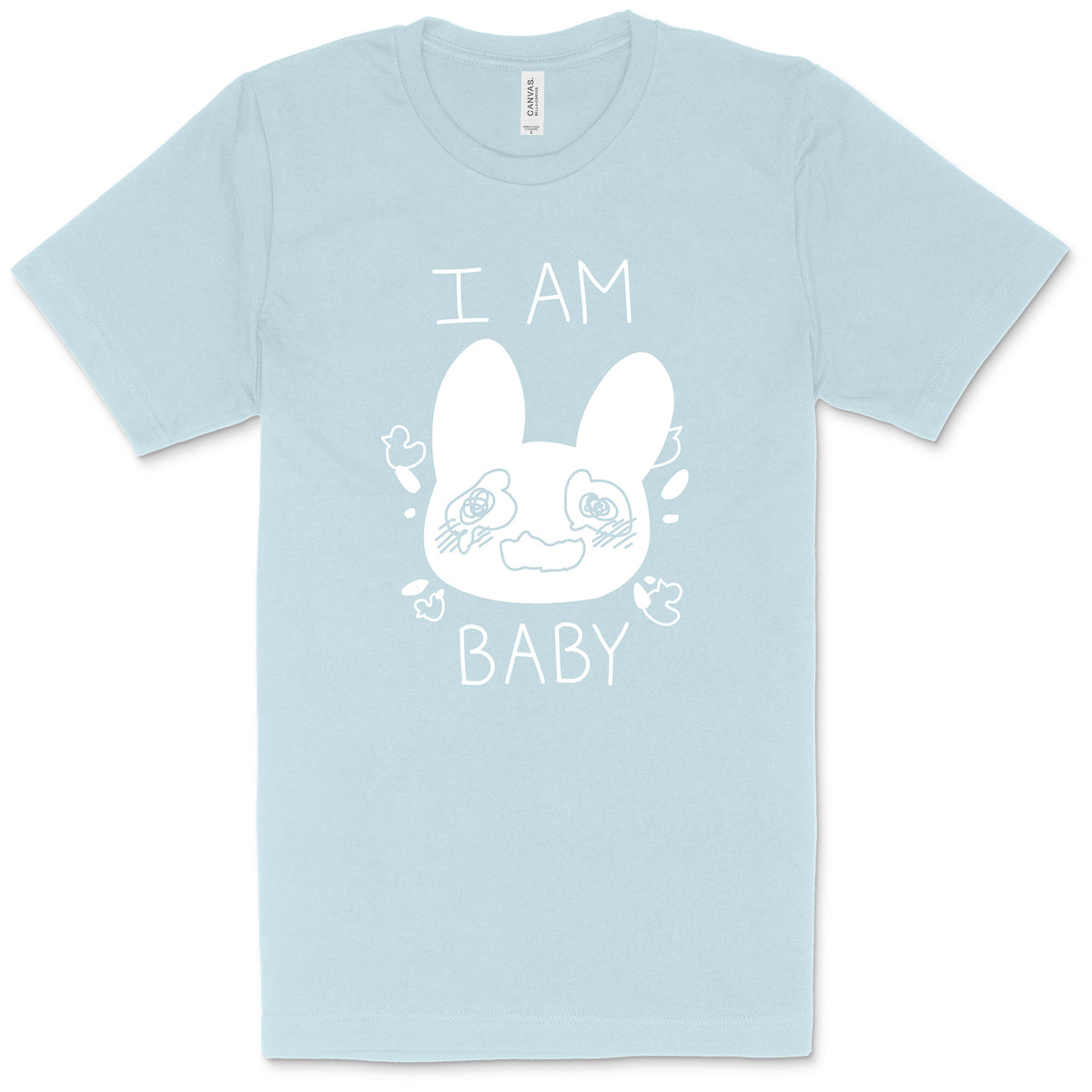 Pastel blue tshirt with crying bunny and text "I am baby" in white.