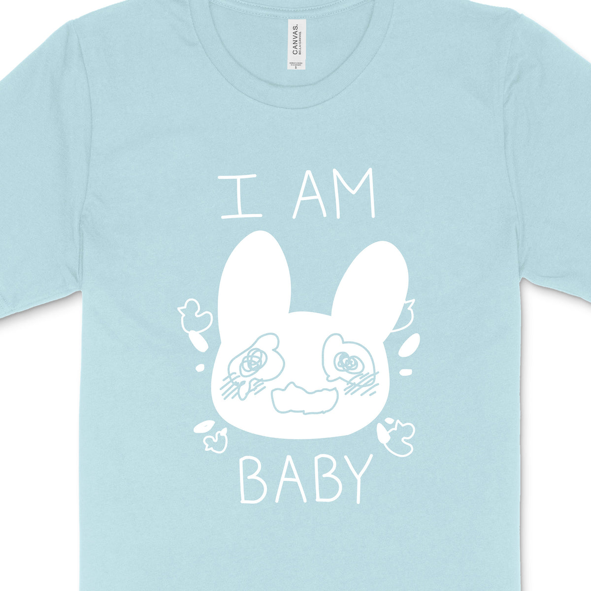 Pastel blue tshirt with crying bunny and text "I am baby" in white.