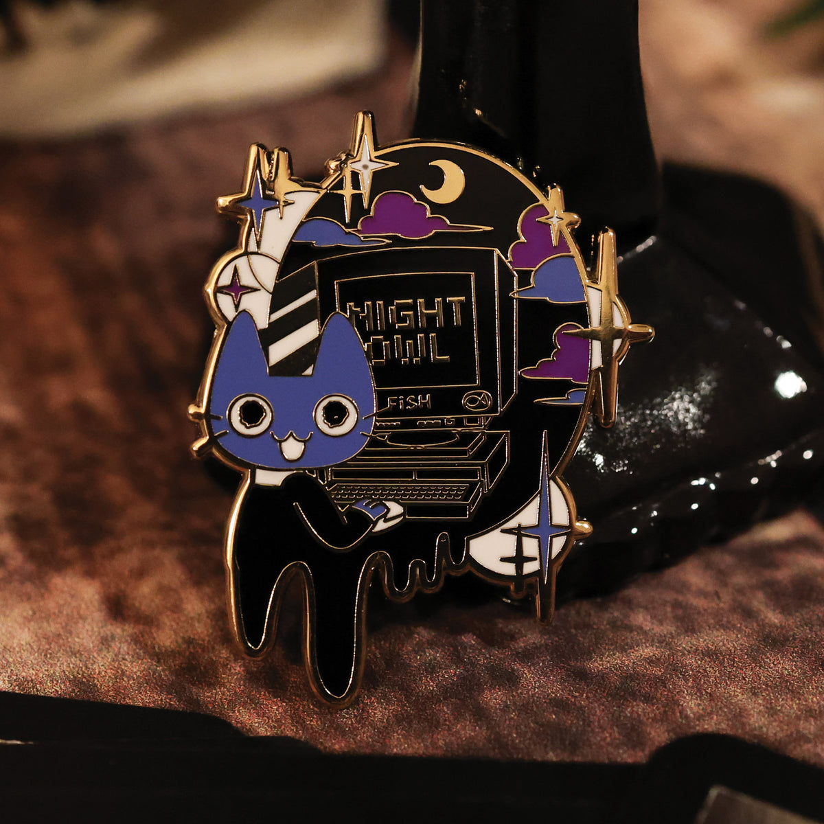 Night Owl cute kitty cat enamel pin by MILQ