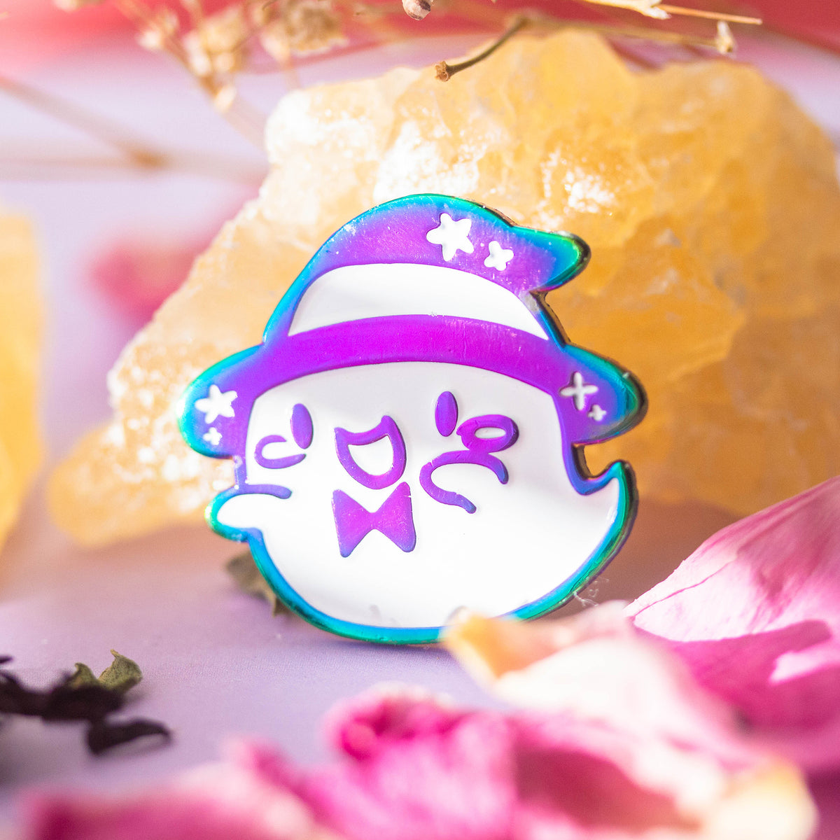 Iridescent ghost with witch hat and bowtie.